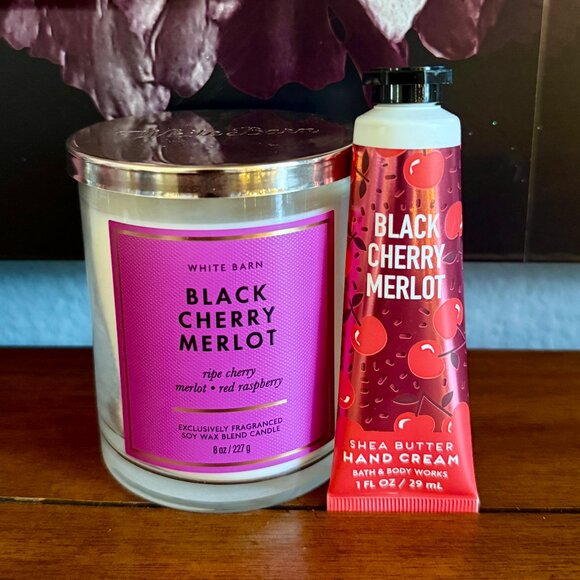 NEW 2-Pc BLACK CHERRY MERLOT Single Wick Candle & Hand Cream BBW - Picture 4 of 4